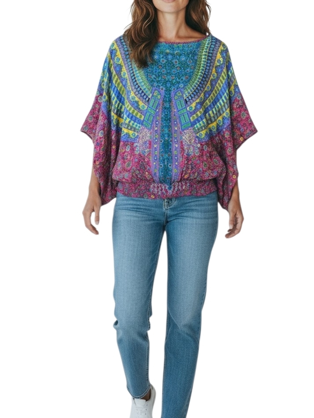 Tolani 100% Silk Dolman Sleeve Colorful Blouse Boho Lux Summer Festival Travel L
